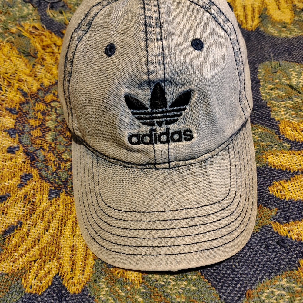 Adidas Light Blue Acid wash Denim Cap with Black Trifoil Logo Dad Hat Strap Back